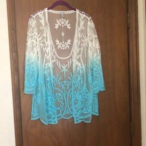 Nina Leonard Sheer Embroidered Ombre Jacket in White to Turquoise